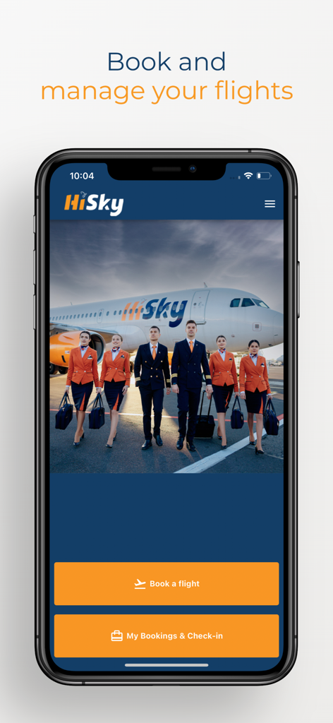 HiSky - HiSky Mobile-App-Startbildschirm mit Optionen zur Flugbuchung und Verwaltung von Buchungen mit Flugpersonal und Flugzeug im Hintergrund