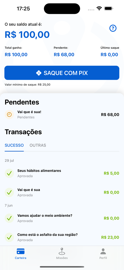 Tela da carteira do aplicativo PiniOn exibindo saldo e histórico de transações de missões concluídas