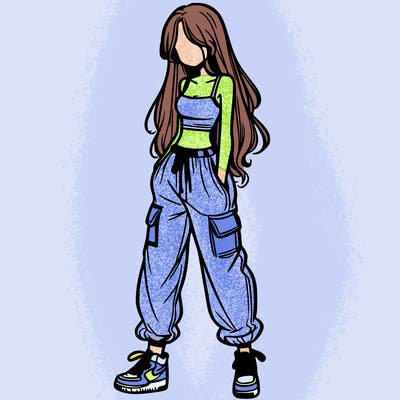 girl in baggy pants crop top and long hair