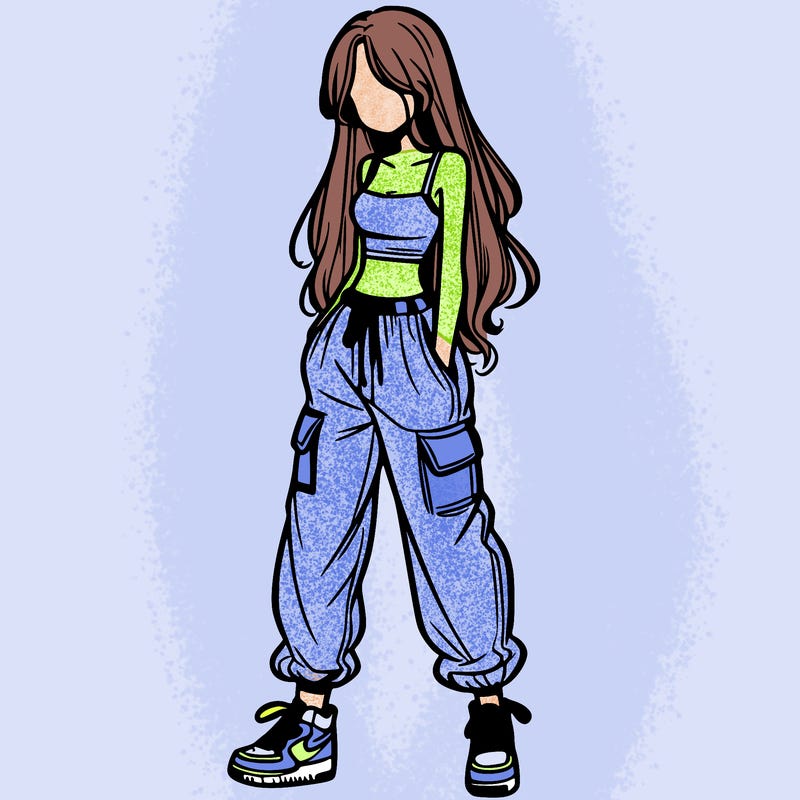 girl in baggy pants crop top and long hair