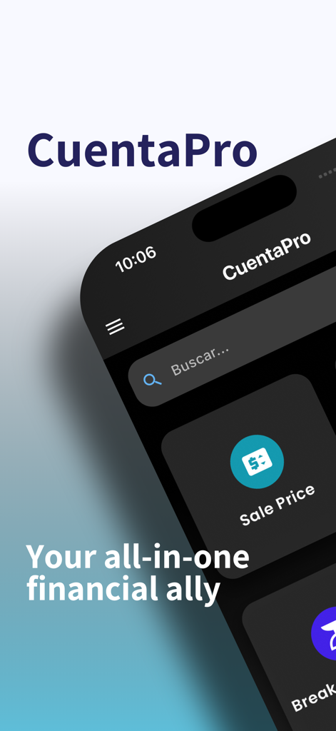 CuentaPro: Finance & Business - Pantalla de introducción de la aplicación financiera y de negocios CuentaPro con el lema Tu aliado financiero todo en uno