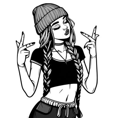 realistic teenage girl with braids and a beanie and crop top doing 🫶🏼