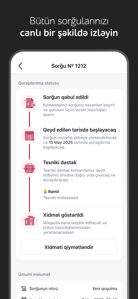 CityNet - Línea de tiempo de seguimiento de solicitudes de servicio en tiempo real en la aplicación móvil CityNet que muestra el progreso de la instalación.