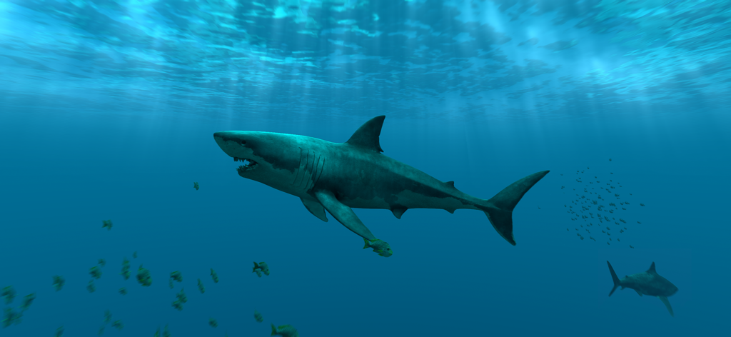 A 3D shark swimming in a deep blue underwater open world habitat
