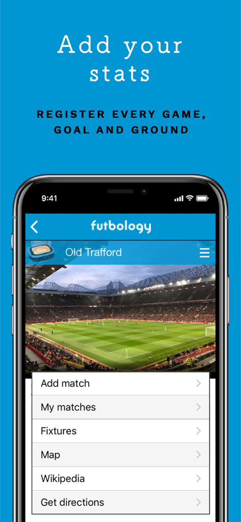 Futbology - Futbology app interface showing stadium check-in and match statistics tracking for Old Trafford