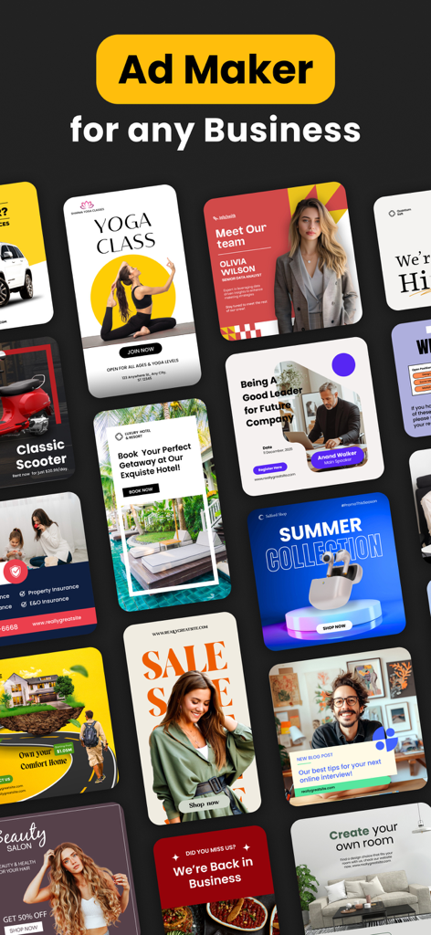 Advertisement Maker, Create Ad - A variety of professional business advertisement templates for real estate yoga and retail displayed in a collage