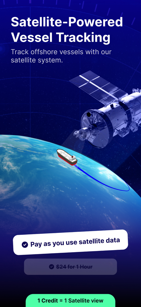 Un satellite dans l'espace suivant un cargo sur Terre dans l'interface de l'application MarineRadar