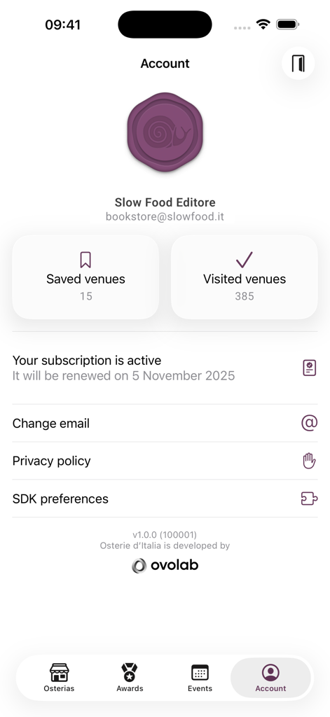 Der Kontobildschirm der Osterie d Italia App, der ein aktives Abonnement und Listen für gespeicherte und besuchte Orte anzeigt.