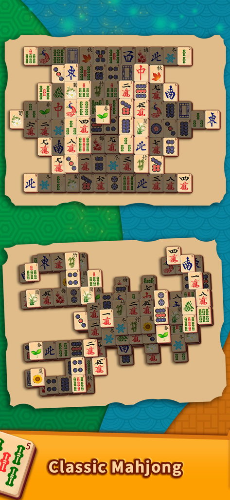 Two different Mahjong Solitaire tile layouts showcasing the classic gameplay.