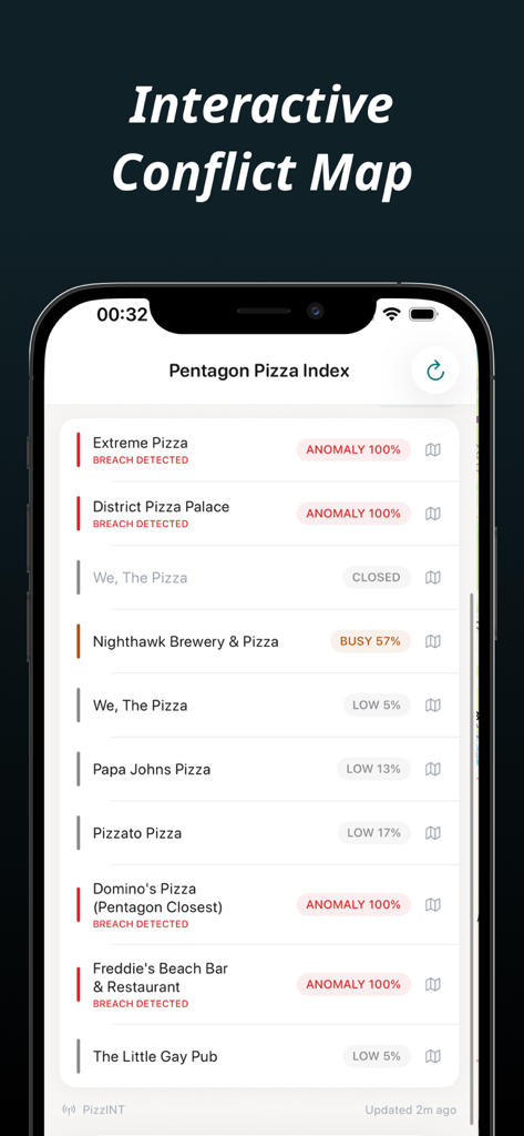 World Monitor - Intelligence - リアルタイムのアクティビティレベルと異常アラートを備えたペンタゴンピザインデックスを示すインターフェース