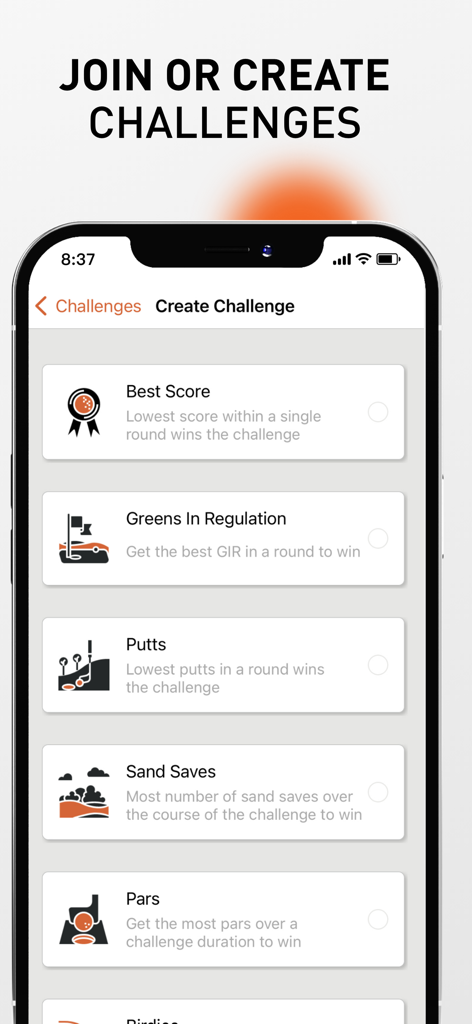 VPAR Golf GPS & Scorecard - Smartphone screen showing various golf challenge options in the VPAR app including Best Score and Greens In Regulation.