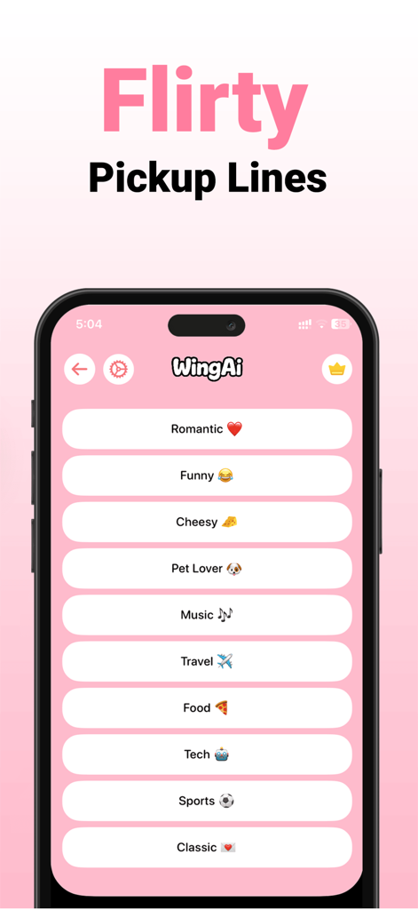 Wing AI - Flirt AI App - Wing AI app interface displaying a list of flirty pickup line categories including Romantic, Funny, and Cheesy options.
