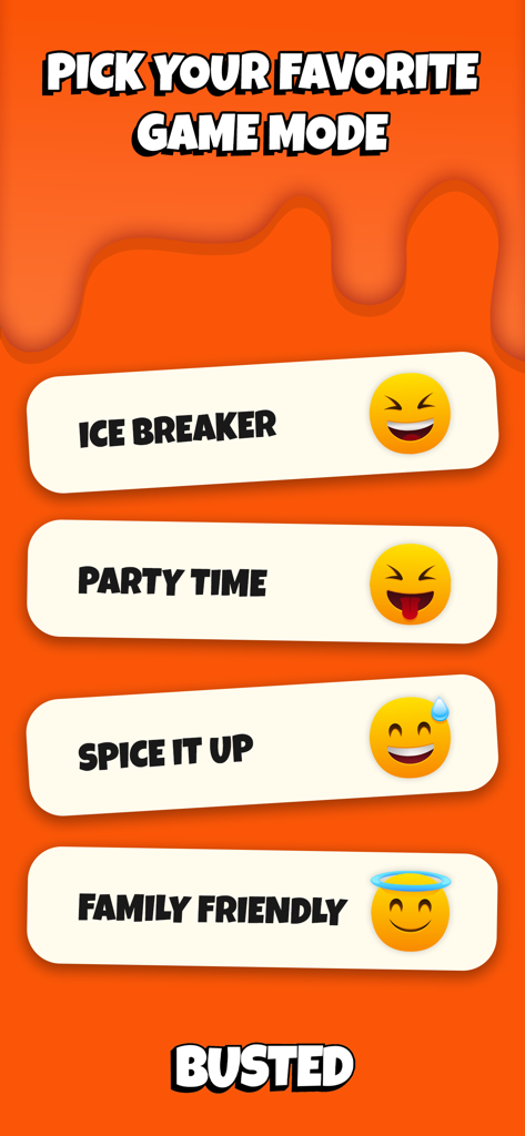 Busted & Exposed 2: Party Game - アイスブレーカー、パーティータイム、スパイス・イット・アップ、ファミリーフレンドリーのオプションが表示されたBusted and Exposed 2パーティーゲームモード選択画面