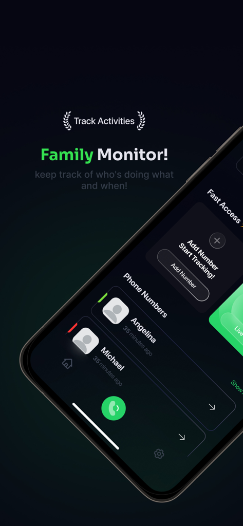 WhoMess App-Oberfläche, die die Aktivitätsverfolgung der Familie mit einer Liste von Kontakten und ihrem Online-Status anzeigt