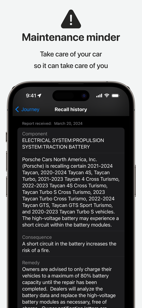 Smartphone screen displaying vehicle recall history and maintenance alerts in the Sidecar app