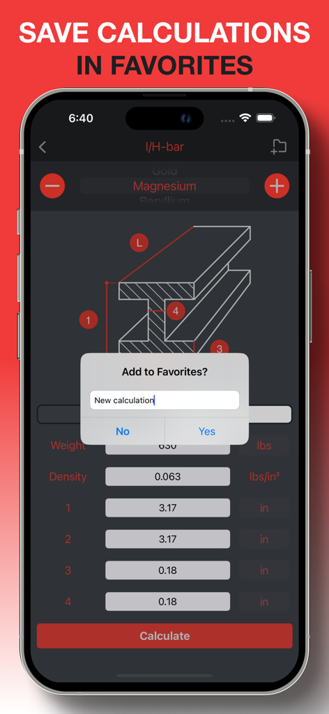 Rolled metal weight calculator - A mobile interface for the Rolled metal weight calculator app showing a popup to save an I-beam metal calculation to a favorites list.