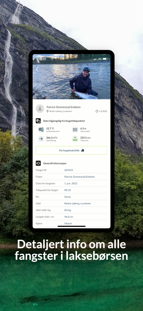Detailed salmon catch report and statistics on the Elveguiden app screen