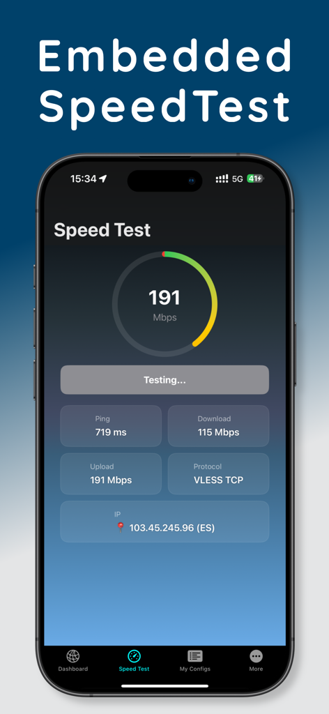 V2Speed VPN app interface displaying an integrated internet speed test with real time network metrics