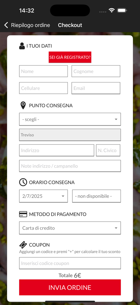 Mastro Pizza Treviso - Checkout screen of the Mastro Pizza Treviso mobile app showing the order form