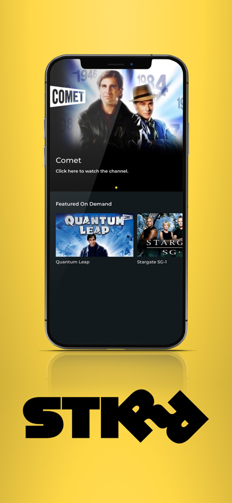 STIRR TV - STIRR TV mobile app displaying the Comet channel with classic sci-fi shows like Quantum Leap and Stargate SG-1 on demand