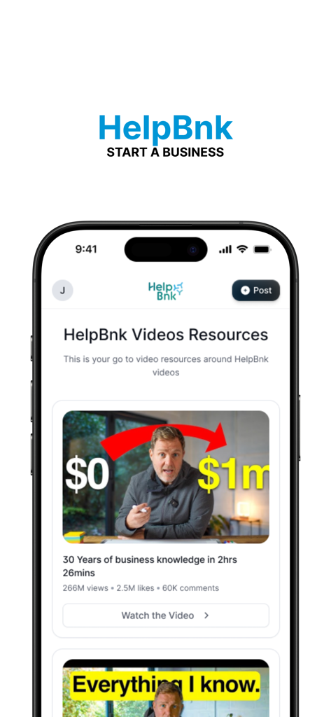 HelpBnk app interface showing a list of business education videos and entrepreneurial growth resources.