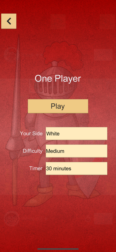 Easy Chess ™ - Easy Chess one player game setup screen with side, difficulty, and timer options.