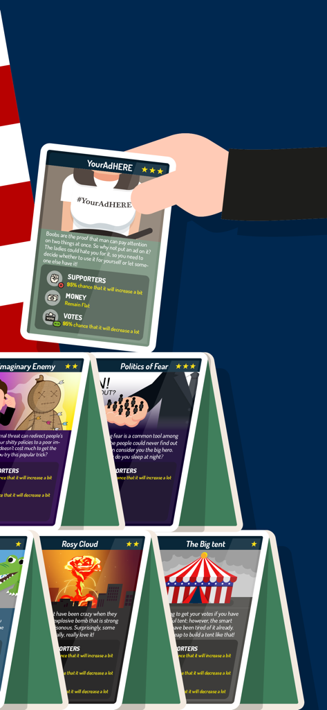 Hey! Mr. President - Strategy cards in a political simulation game showing different campaign tactics and their effects on supporters and votes