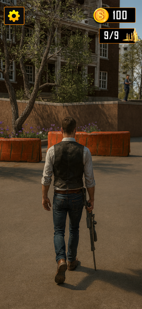 Sniper Shot Gun Shooting Game - A tactical operator carrying a sniper rifle walks through an urban warzone toward a mission objective.