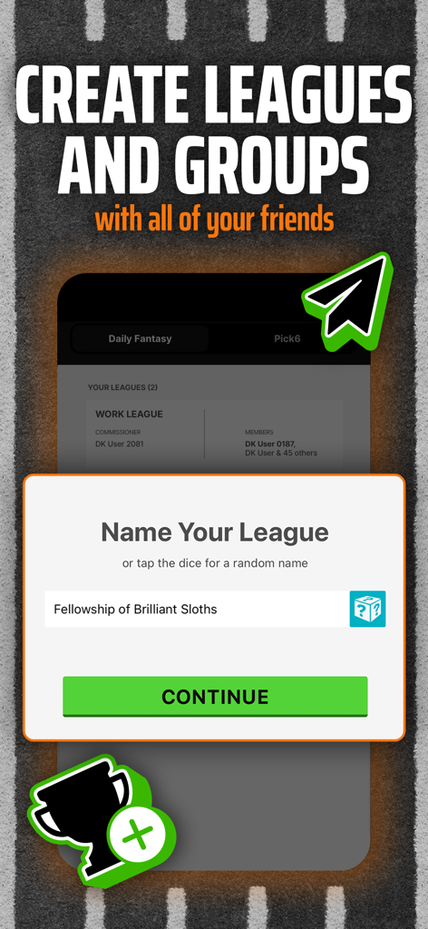 DraftKings app interface showing the option to create and name custom fantasy sports leagues for playing with friends.