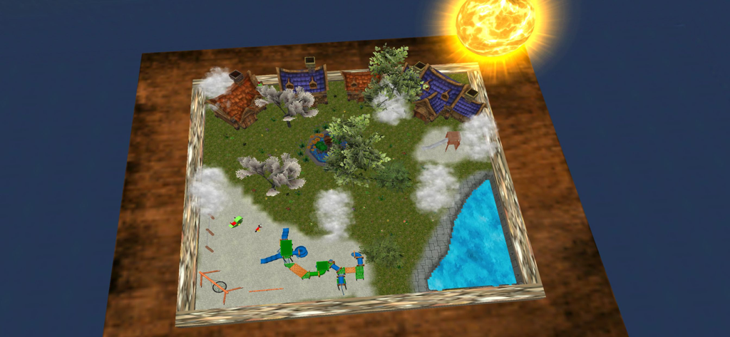 Eine digitale Sandspielszene mit Häusern, Bäumen, einem Spielplatz und einem Teich unter einer hellen Sonne