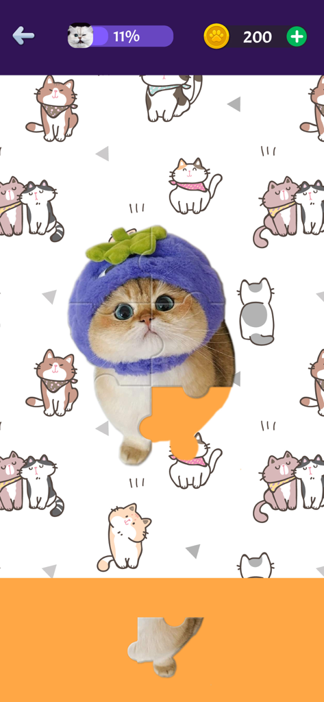 Kitty Call: Play with Cats - A jigsaw puzzle mini game in the Kitty Call app featuring a cute cat wearing a purple hat
