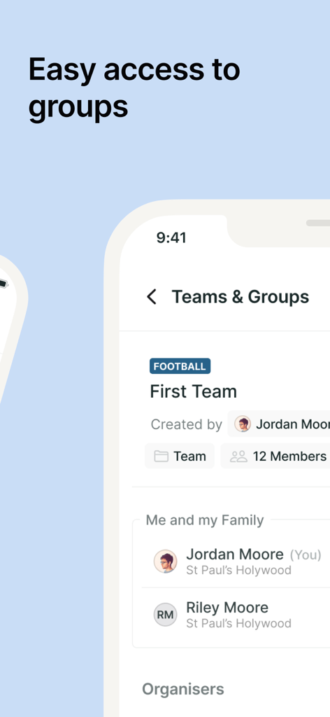 Foireann - Screenshot of the Foireann app showing the teams and groups management interface for a football team