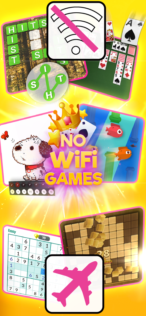 A collection of offline games including Sudoku Solitaire and Word Puzzles designed for travel