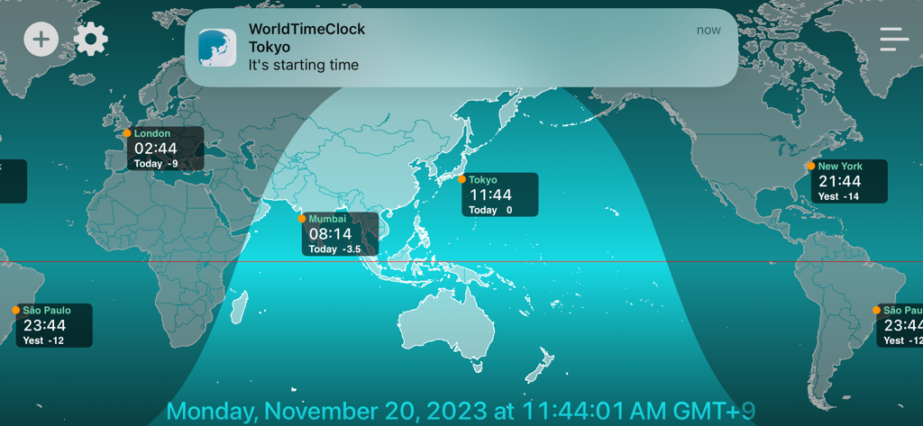 World Time Clock-Weather & Map - Interfaccia di mappa del mondo che mostra fusi orari globali e ciclo giorno/notte in tempo reale con etichette orarie delle città