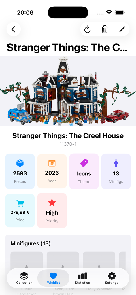 BrickLog - Interfaz de la aplicación BrickLog que muestra detalles de un set de LEGO® de Stranger Things, incluyendo recuento de piezas, tema y precio.