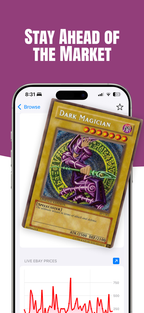 Yugioh Card Scanner - Yugioh Card Scanner app showing Dark Magician card and live eBay price trends chart