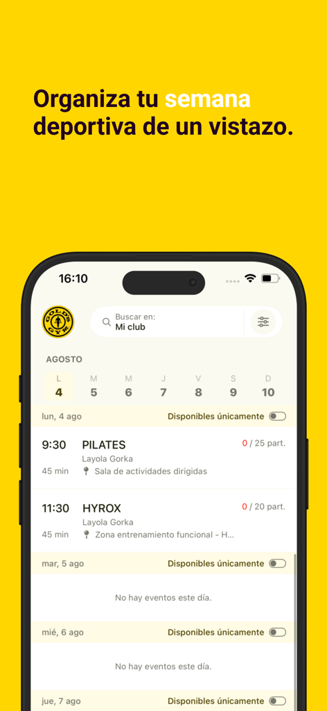 Gold's Gym España - Pantalla de smartphone mostrando el horario de clases de la app Gold's Gym España con opciones para Pilates e Hyrox