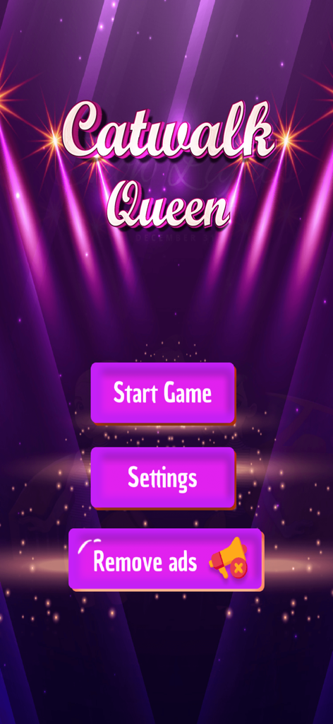 Girl Catwalk: Fashionista - Hauptmenübildschirm des Spiels Girl Catwalk Fashionista mit den Schaltflächen Spiel starten und Einstellungen auf einem lila Scheinwerferhintergrund