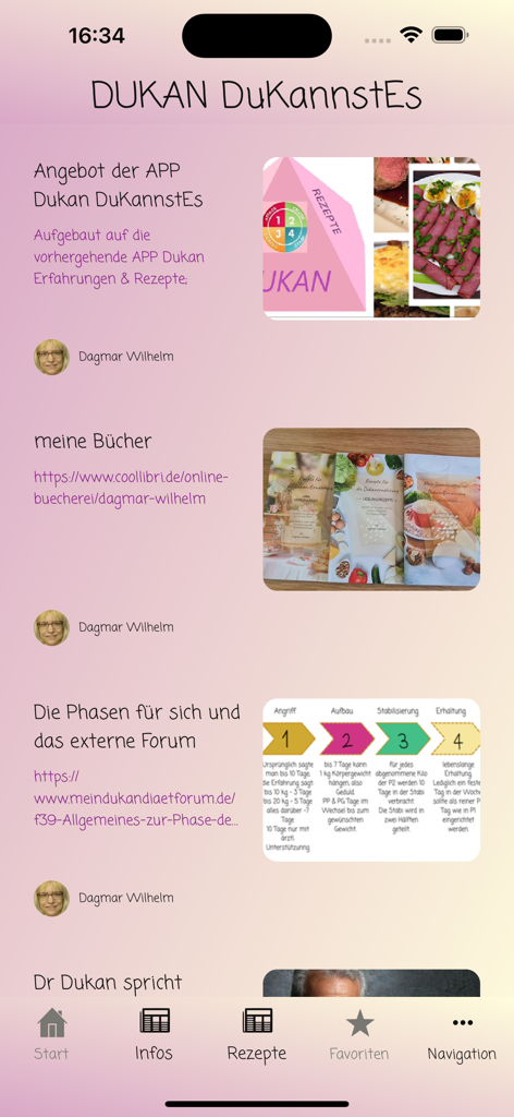 Screenshot of the information section in the Dukan DuKannstEs app showing diet phases and book resources