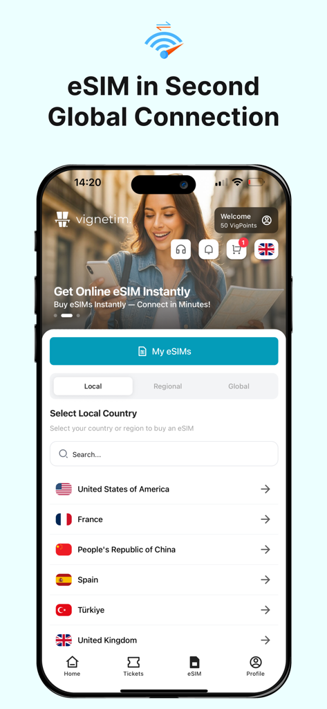Vignetim | Vignette & eSIM - Vignetim app interface showing eSIM country selection for global connectivity