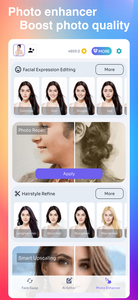 OLyne: AI Photo Editor, Art - Interface of the OLyne app featuring AI tools for facial expression editing and hairstyle refinement.