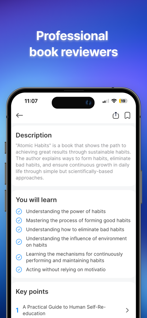 Pantalla de la aplicación Tingla que muestra un resumen profesional del libro y puntos de aprendizaje clave para Hábitos Atómicos