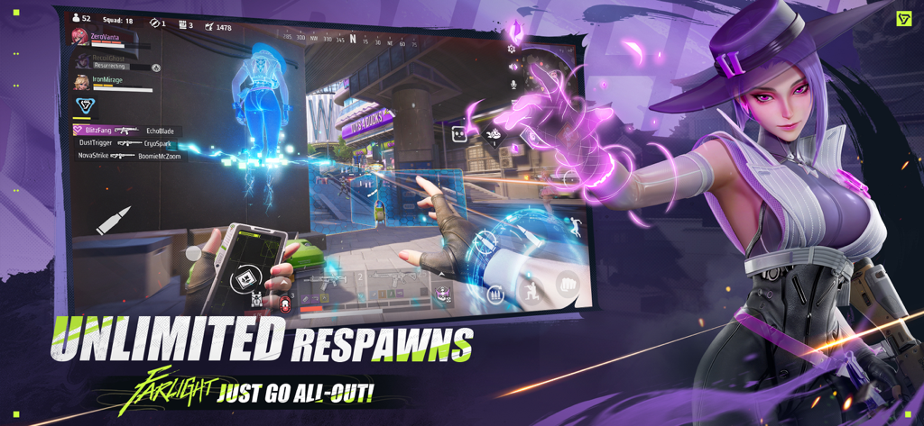 Farlight 84 hero character highlighting the unlimited respawns game feature