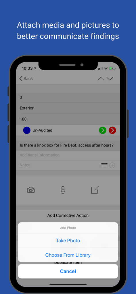 Nimonik - Inspect & Registers - Interface of Nimonik app showing photo attachment options for audit findings