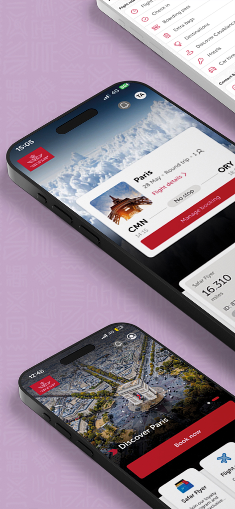 Múltiples pantallas de iPhone mostrando la aplicación Royal Air Maroc para reservar vuelos y gestionar reservas