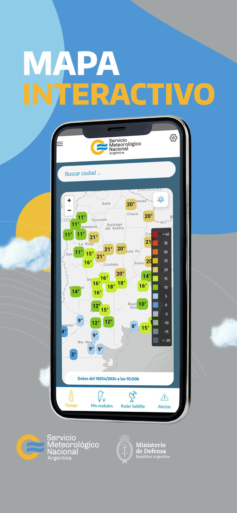 Mapa meteorológico interactivo de Argentina que muestra las temperaturas actuales en la aplicación oficial del SMN.