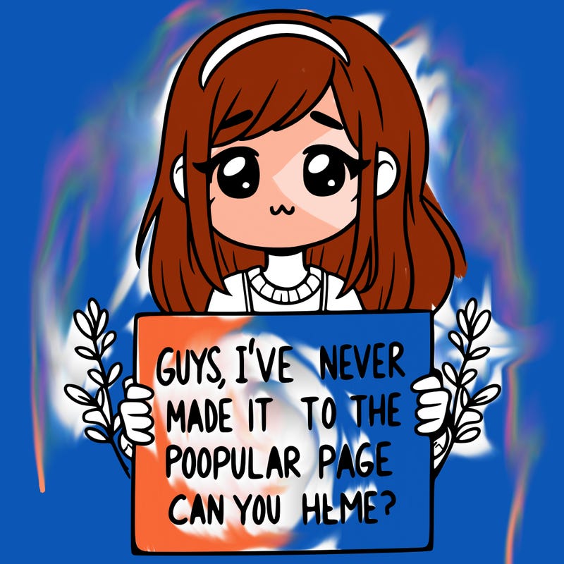 a girl holding up a sign that says, guys, i’ve never made it to the popular page, can you help me?