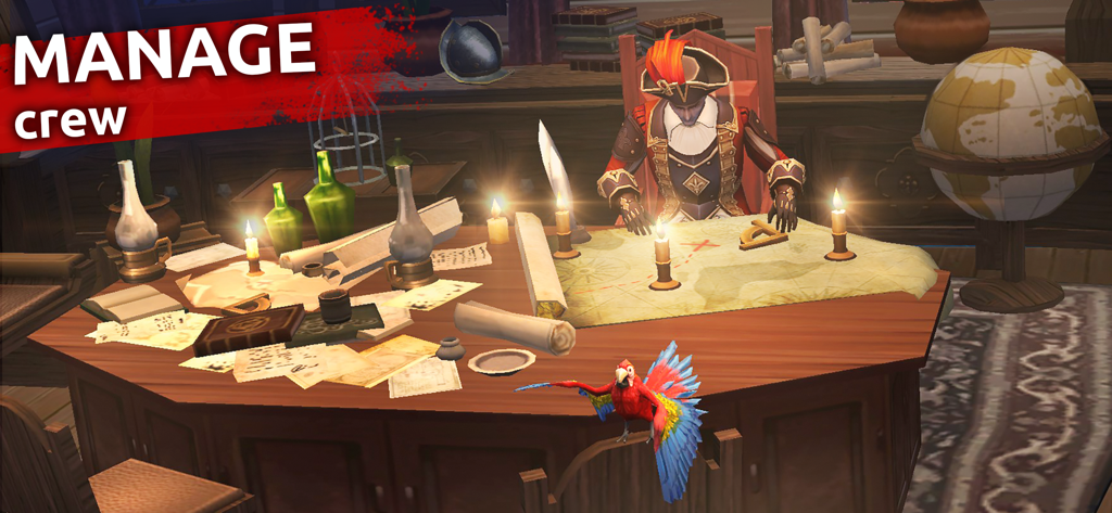 Mutiny: Pirate Survival RPG - Capitano pirata seduto a una scrivania con mappe e pergamene per la gestione della ciurma in Mutiny Pirate Survival RPG