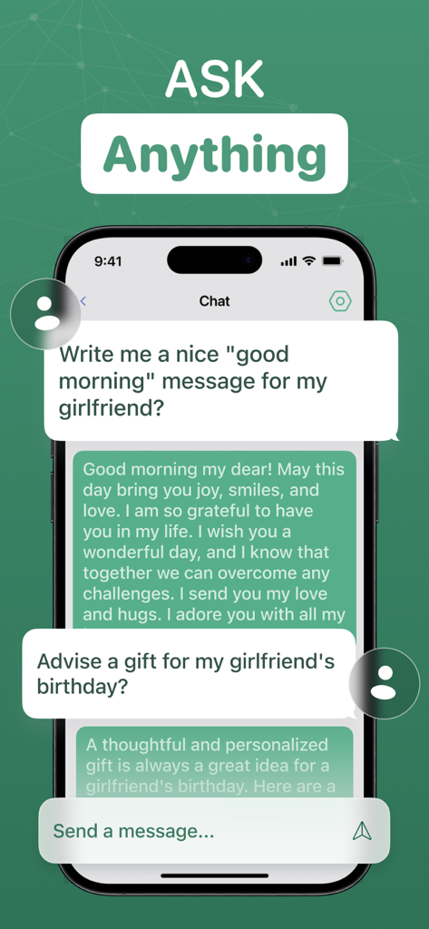 AI Chat Assistant - ChatAI Bot - Mobile app interface of AI Chat Assistant showing a chat conversation with personalized suggestions and advice