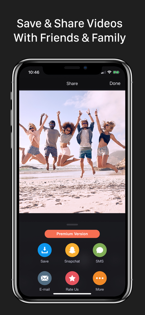 Slow Motion Video Fx Editor - Sharing screen of the slow motion video editor app showing options to save or share a video of friends jumping on the beach.